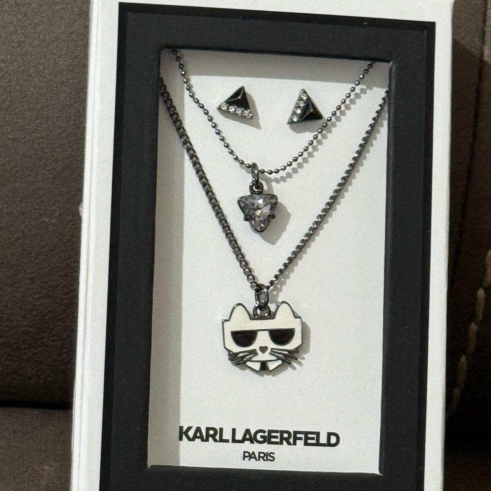 Karl Lagerfeld White & Gunmetal Cat Layered Necklace with Studs